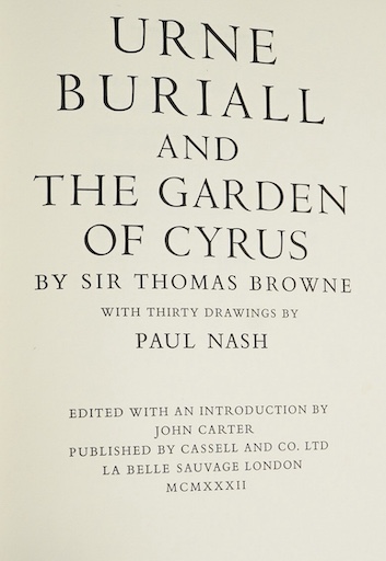 Browne, Sir Thomas - Urne Buriall and The Garden of Cyrus. With thirty drawings by Paul Nash. Edited with an introduction by John Carter. Limited Edition (of 215 numbered copies). 14 of the coloured collotype illus. are